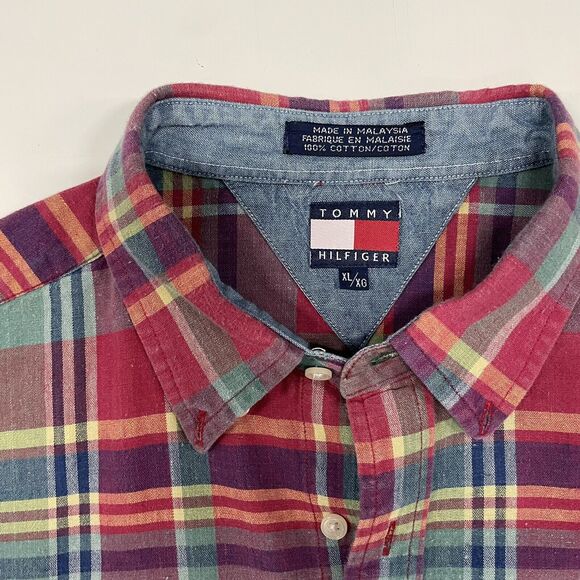 VTG Tommy Hilfiger Men’s Shirt Check Plaid Colorblock S/S Button Up 90s Size S-M - Picture 2 of 6